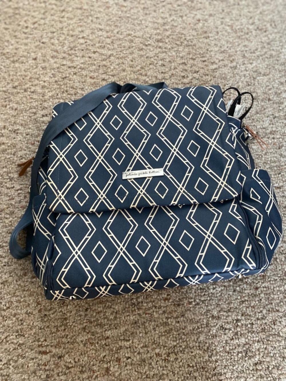 Petunia Pickle Bottom Diaper Bag Backpack Blue Indigo Boxy Geometric